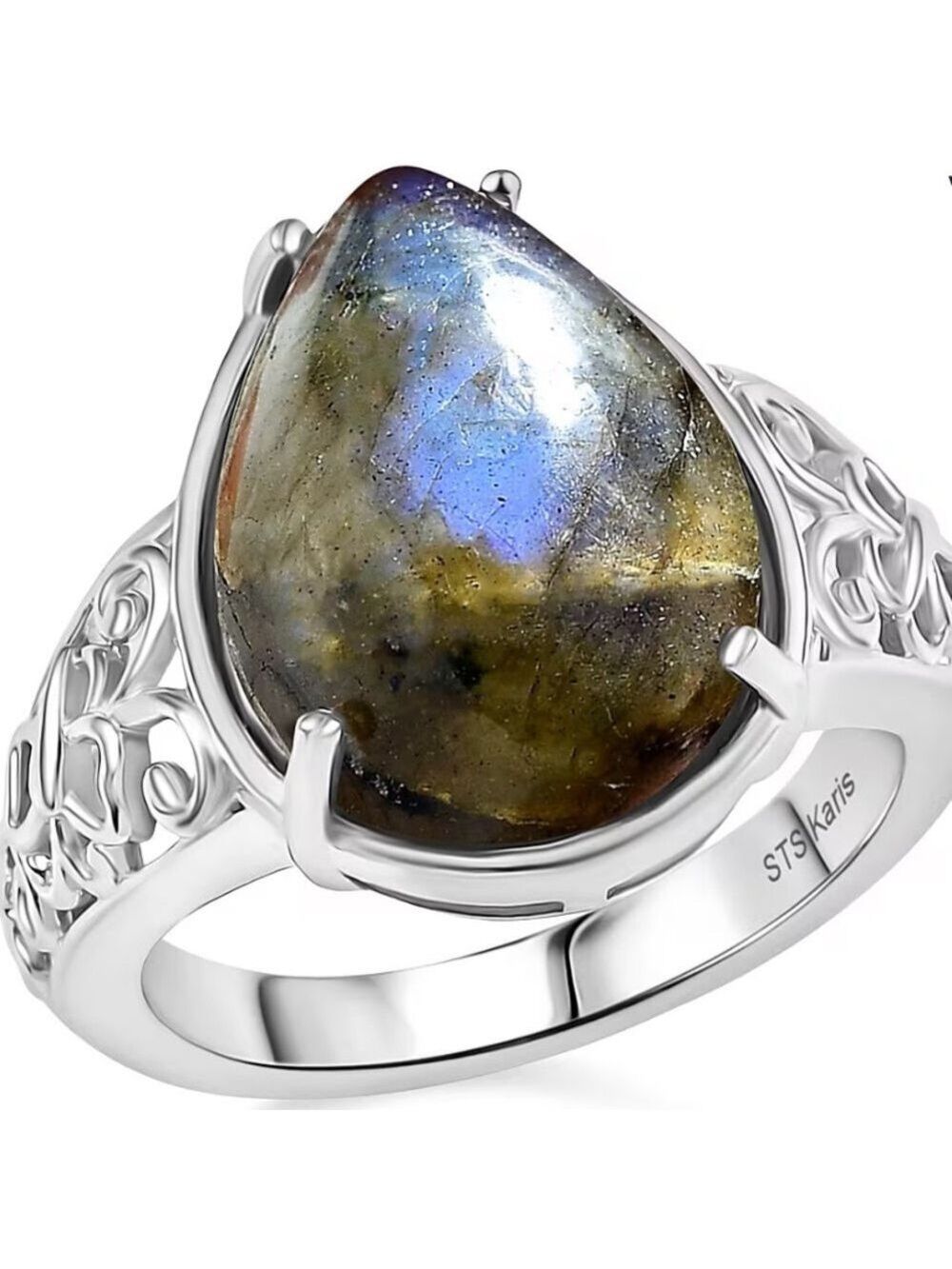 NWT STS KARIS Labradorite Ring Size 7 or 8 Intricate Design Silver Tone UNISEX